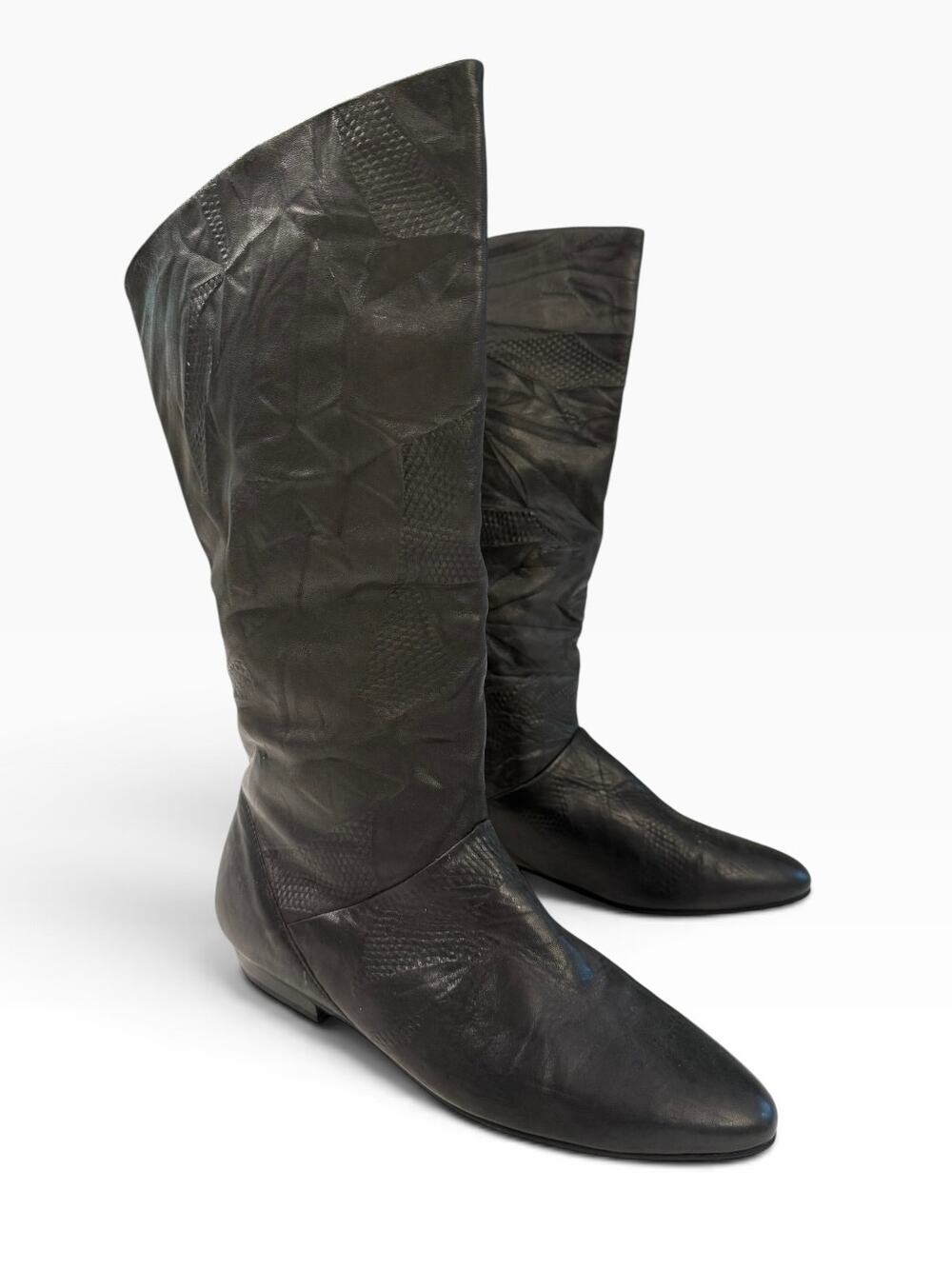 NOS Vtg 80s L.J. Simone Black Leather Slouch Boots Pointed Asymmetric Pixie 7M